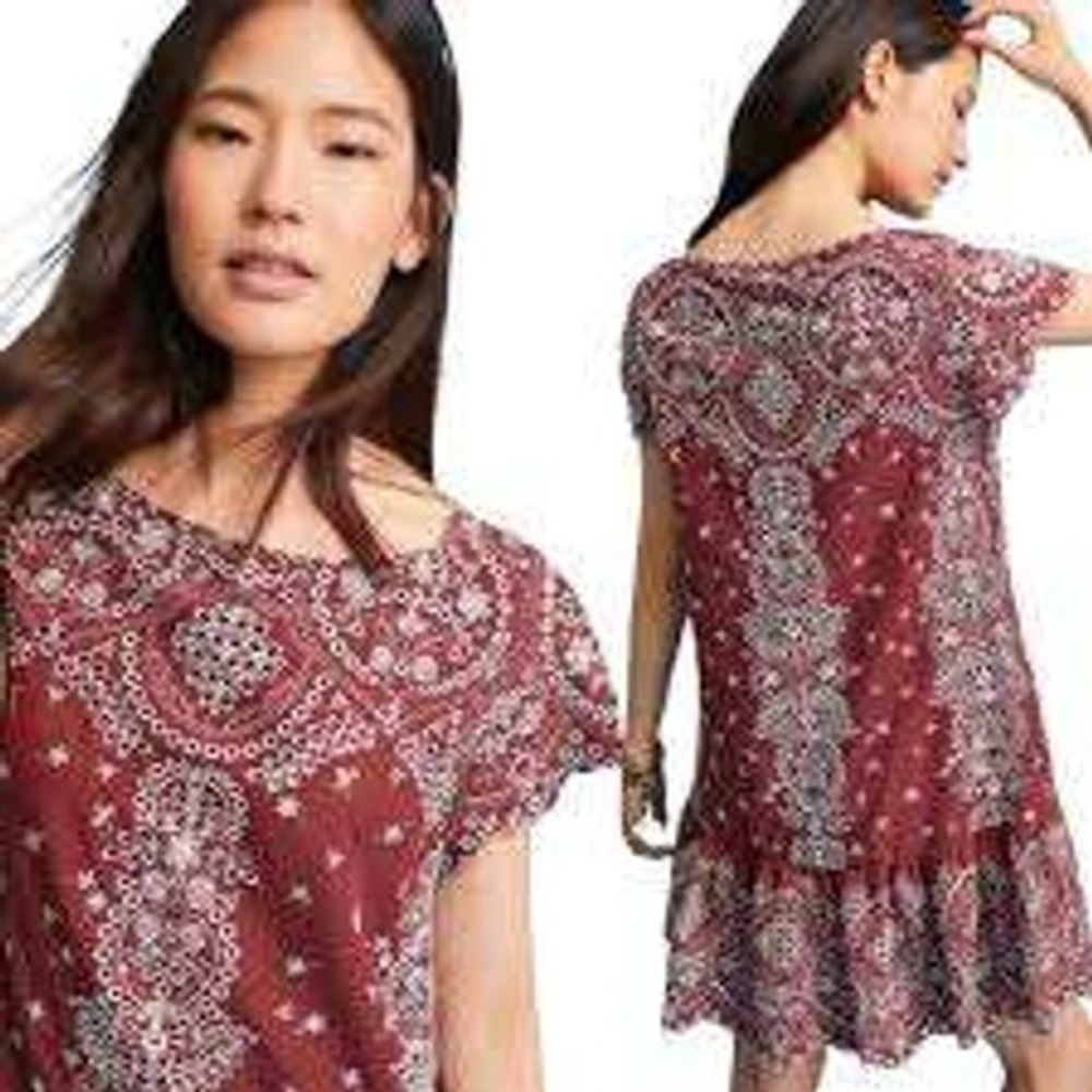 Anthropologie Feather Bone Burgundy Eyelet Shift Dress LARGE Embroidered Ruffle